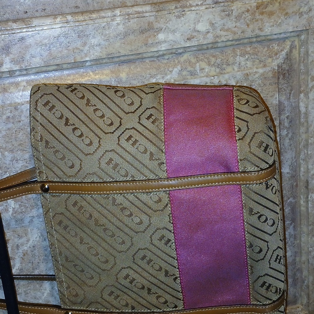 Authentic Coach Signature Brown Classic Logo and Pink Stripe Tote - Picture 4 of 11
